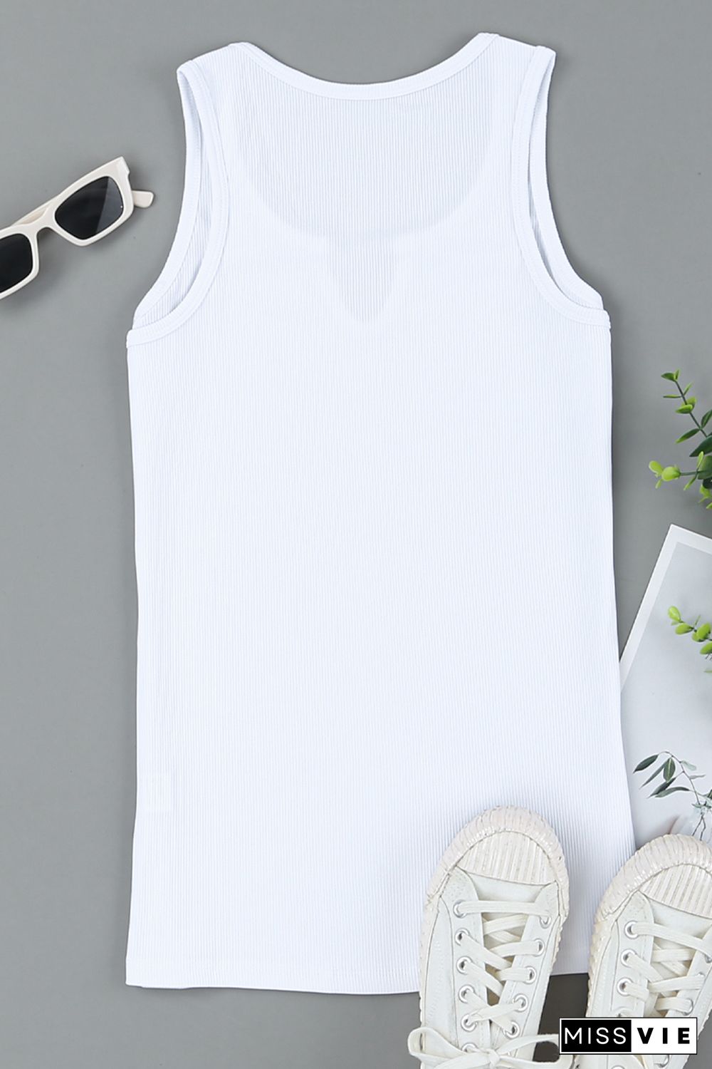 White Split Neck Ribbed Knit Tank Top