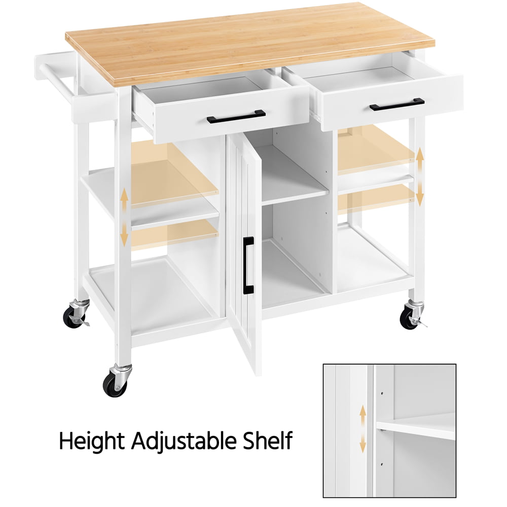 Topeakmart Mobile Kitchen Cart with Bamboo Top Kitchen Island on Wheels with Cabinet and Drawers and Towel Bar White