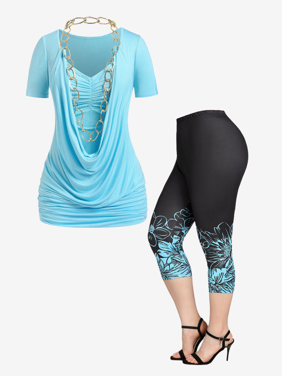 Chains Cowl Front Ruched Tee and Floral Capri Leggings Plus Size Summer Outfit