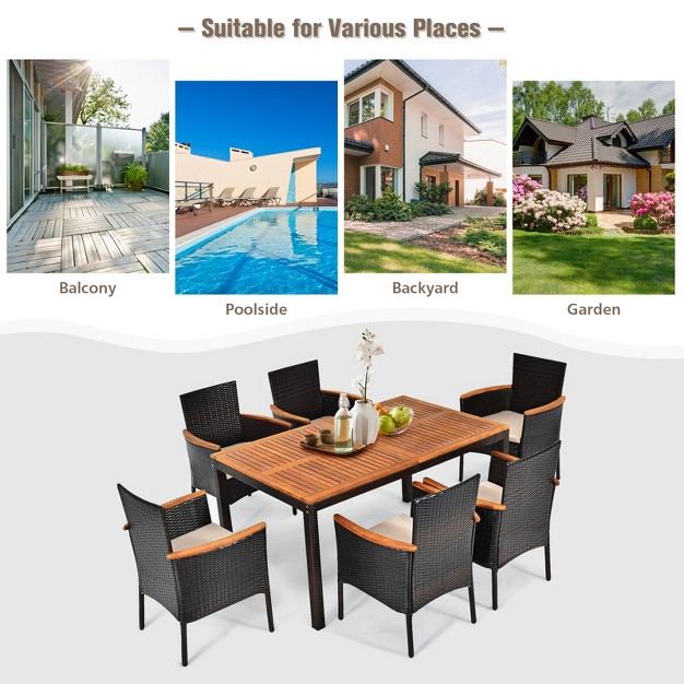 Tangkula 7 piece Outdoor Dining Set Patio Rattan Table And Chairs Set With Umbrella Hole