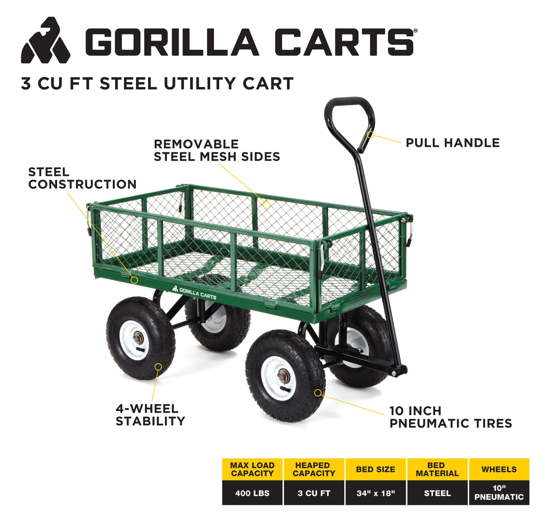 Gorilla Carts GOR400 400-lb. Steel Mesh Garden Cart with 10