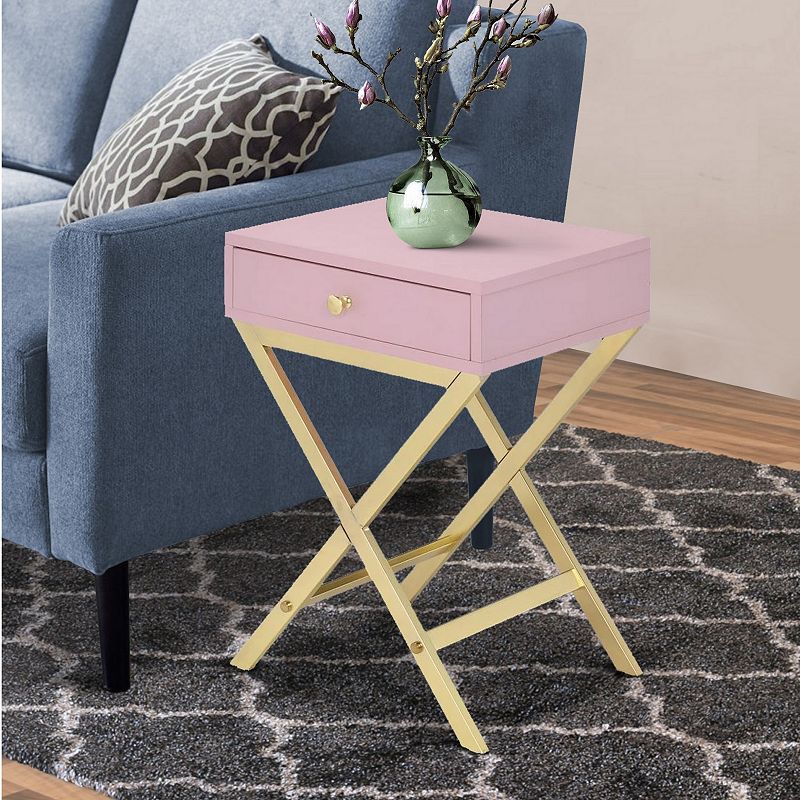 Wood and Metal Side Table with Crossed Base， Pink and Gold