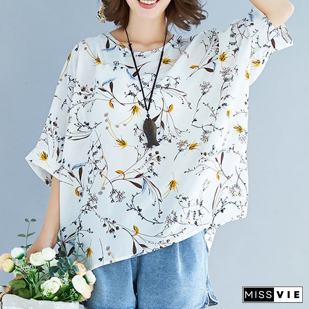 Summer White Print Silk Tops Plus Size Tie Bust Short Sleeve T Shirt