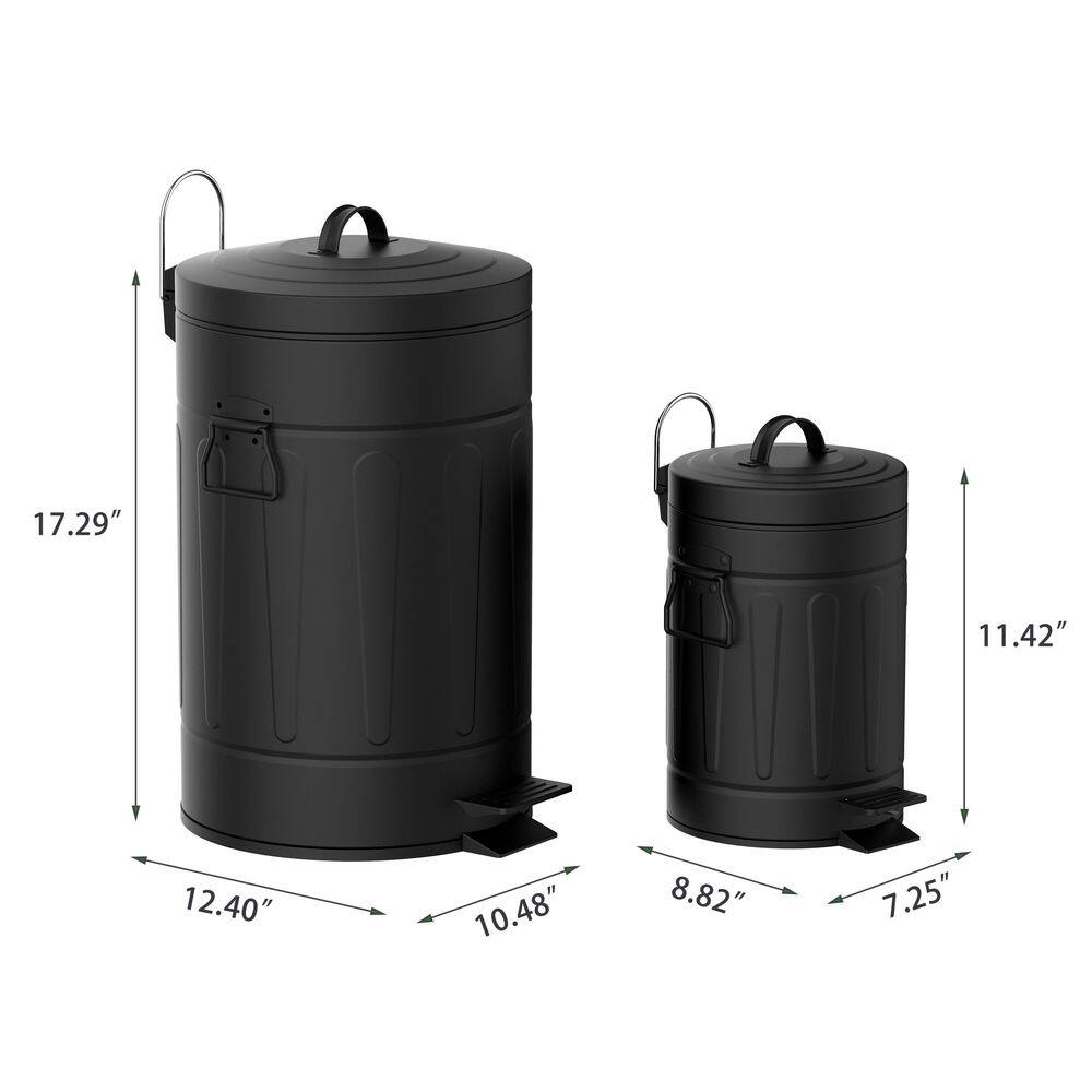 Innovaze 3.2 Gal.12-Liter and 0.8 Gal. 3-Liter Old Time New York Style Round Black Metal Step-on Trash Can Set MGCS-AP1802