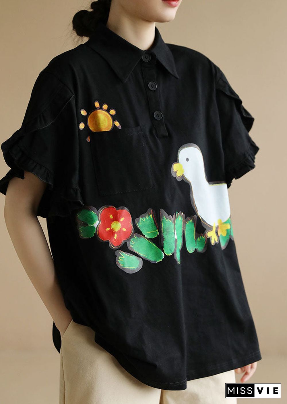 French Black Turn-down Collar Ruffled Character Applique Cotton Shirts Short Sleeve