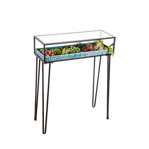 Metal Table with Glass Top and Teal Metal Planter Dish