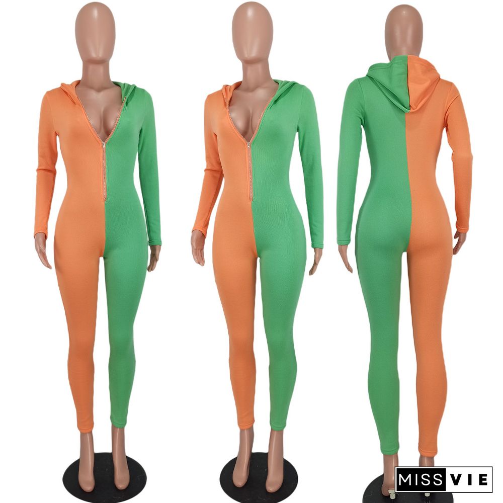 Sexy Colorblock Sweatshirt Long Sleeve Hooded Jumpsuit