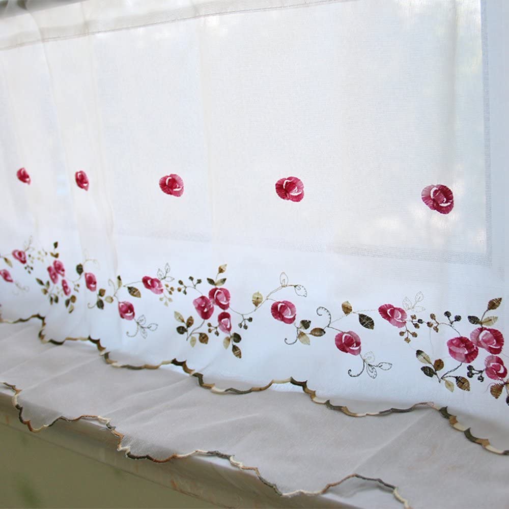 ZHH Hand Embroidery Rose Two-Layer Valance Floral Sheer Lace Curtain Cafe Kitchen 15 x 57