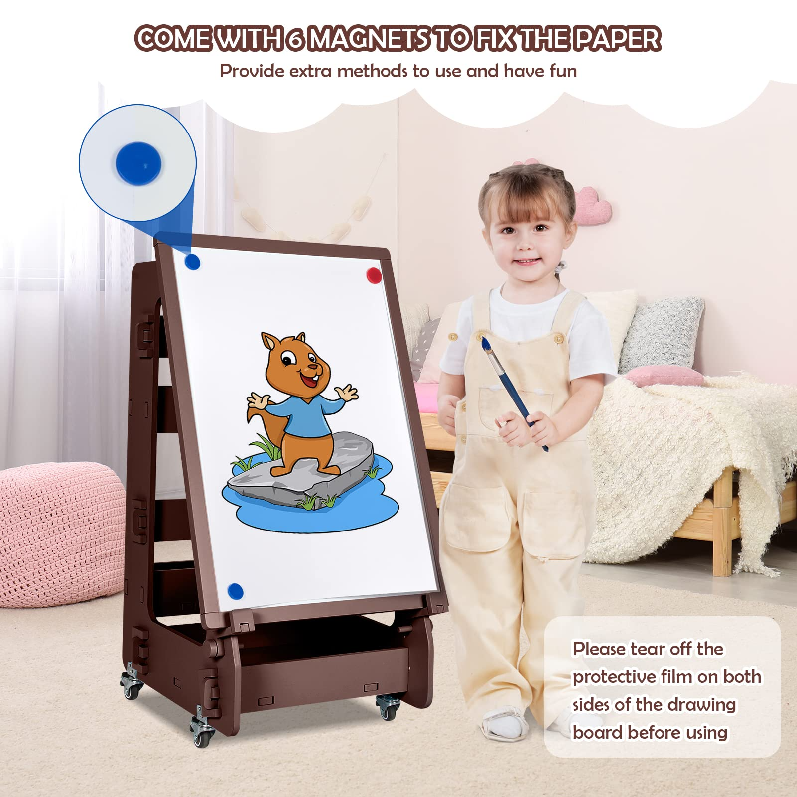 Costzon Kids Art Easel with Lockable Wheels, Height Adjustable Magnetic Removable Painting Board with Storage