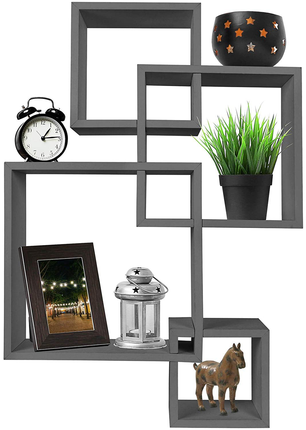 GreenCo Decorative 4 Cube Wall Shelves | Grey Shelves | Intersecting Wall Mounted Floating Shelves | Gray Finish