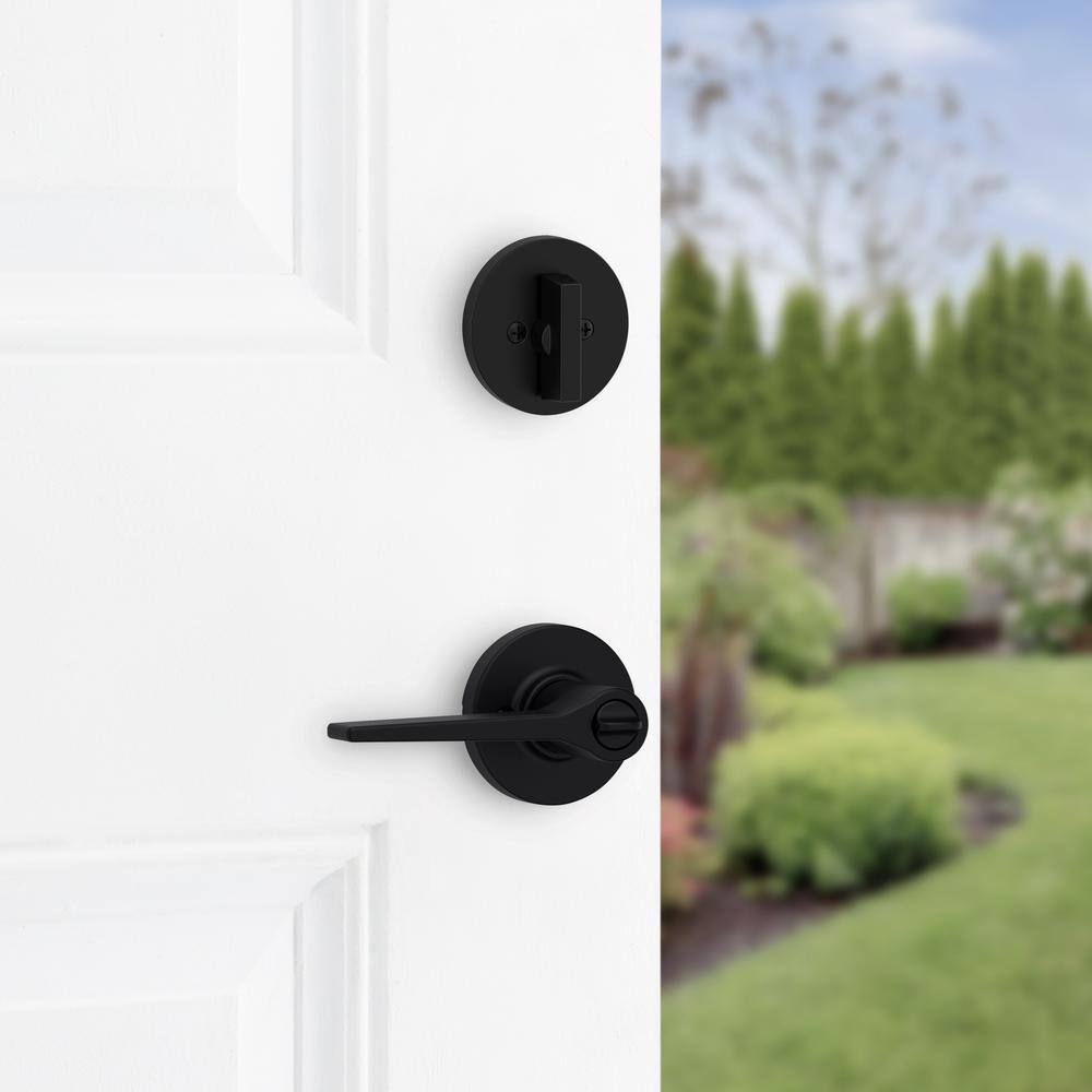 Kwikset Hollis Round Rose Matte Black Lever with Single Cylinder Deadbolt Combo Pack Featuring SmartKey Security 690HSL 514 SMT