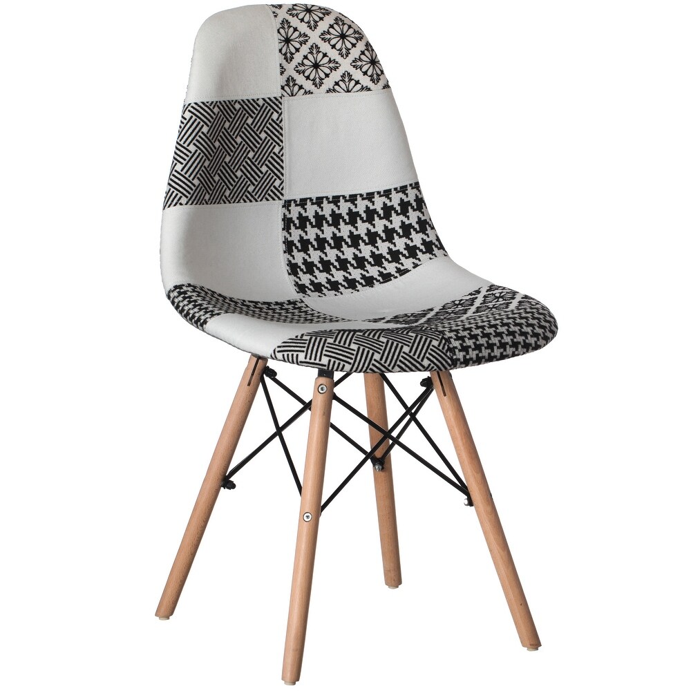 Modern Fabric Patchwork Chair with Wooden Legs for Kitchen  Dining Room  Entryway  Living Room with Black   White Patterns