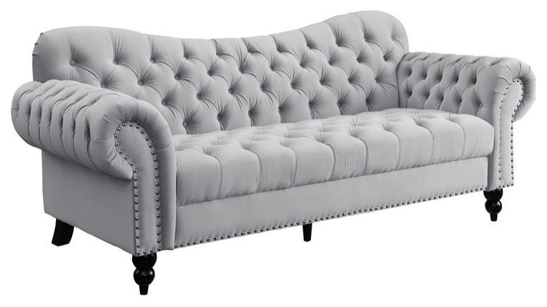 Lexicon Rosalie 83.5 quotVelvet Fabric Sofa with Nailhead in Light Gray   Traditional   Sofas   by Homesquare  Houzz