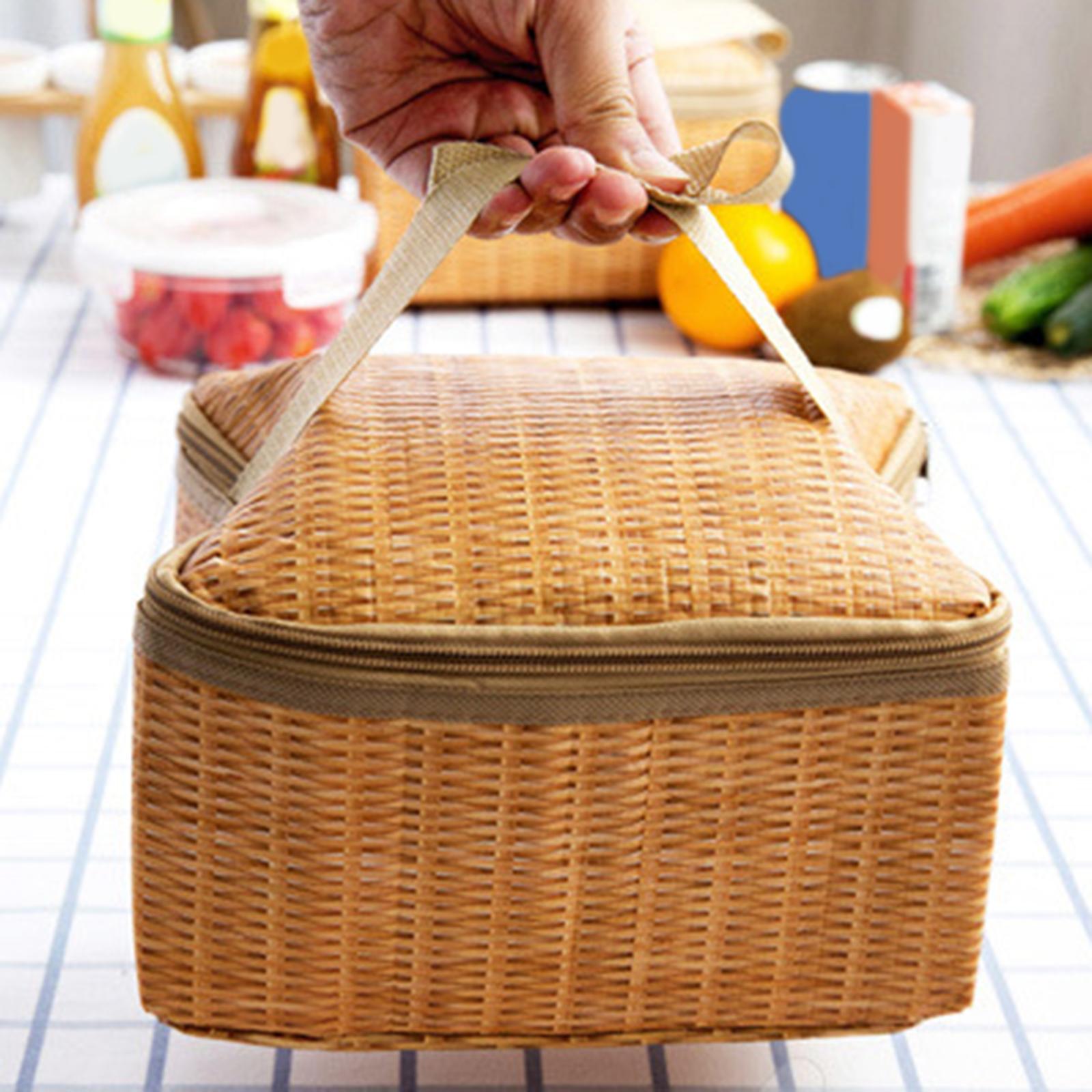 Thermal Bag， Outdoor Picnic Bag Insulated Waterproof Rattan Food Container Basket Fruit Camping Indoor Household Picnic