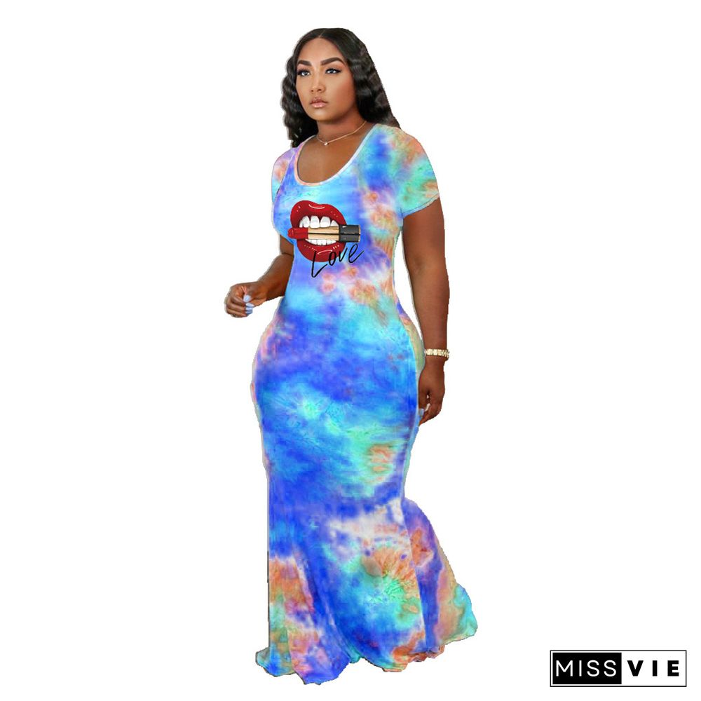 Tie Dye Lips Print Short Sleeve Cut Out Maxi Dresses