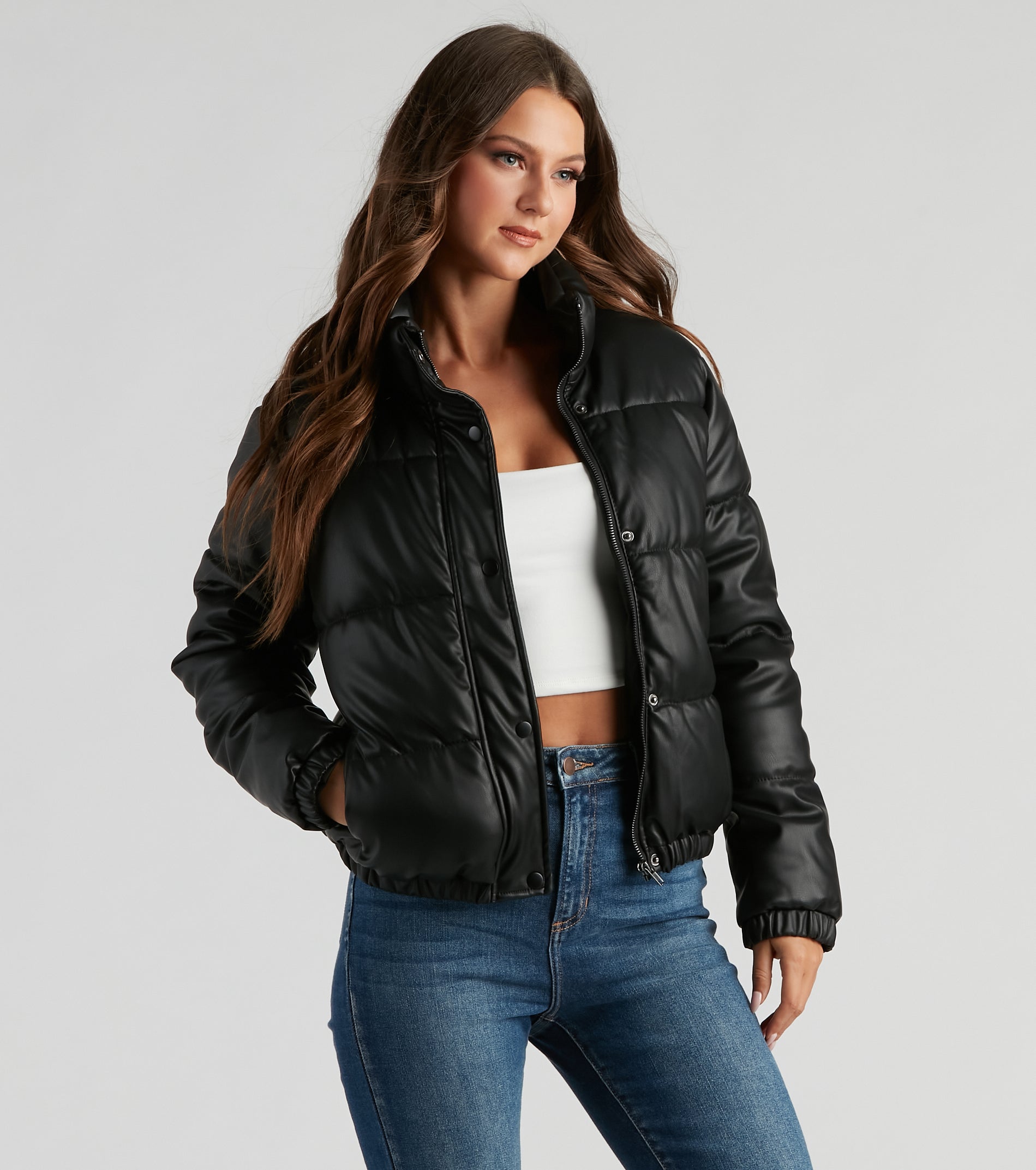 Stylish Edge Faux Leather Puffer Jacket