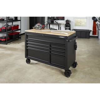 Husky 52 in. W x 25 in. D Heavy Duty 9-Drawer Mobile Workbench Cabinet with Adjustable-Height Hardwood Top in Matte Black HOLC5209BB1M