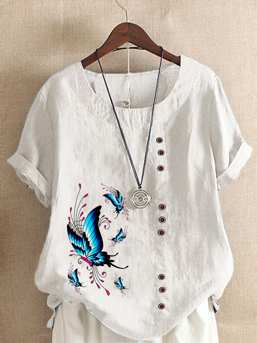 Loose Casual Butterfly Print Crew Neck Short Sleeve Blouse