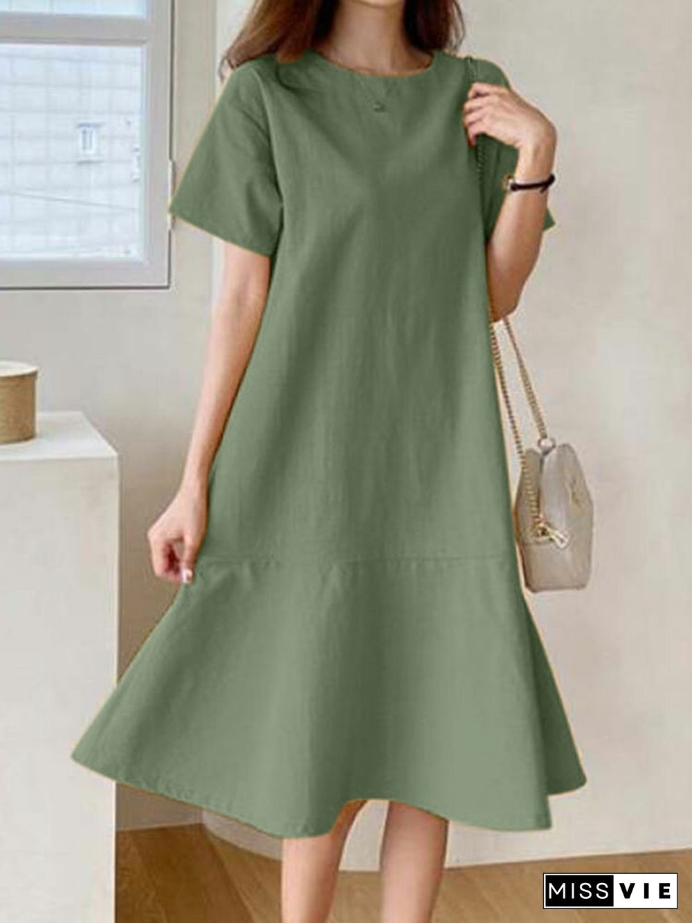 Solid Ruffle Short Sleeve Round Neck Casual Cotton Midi Dress