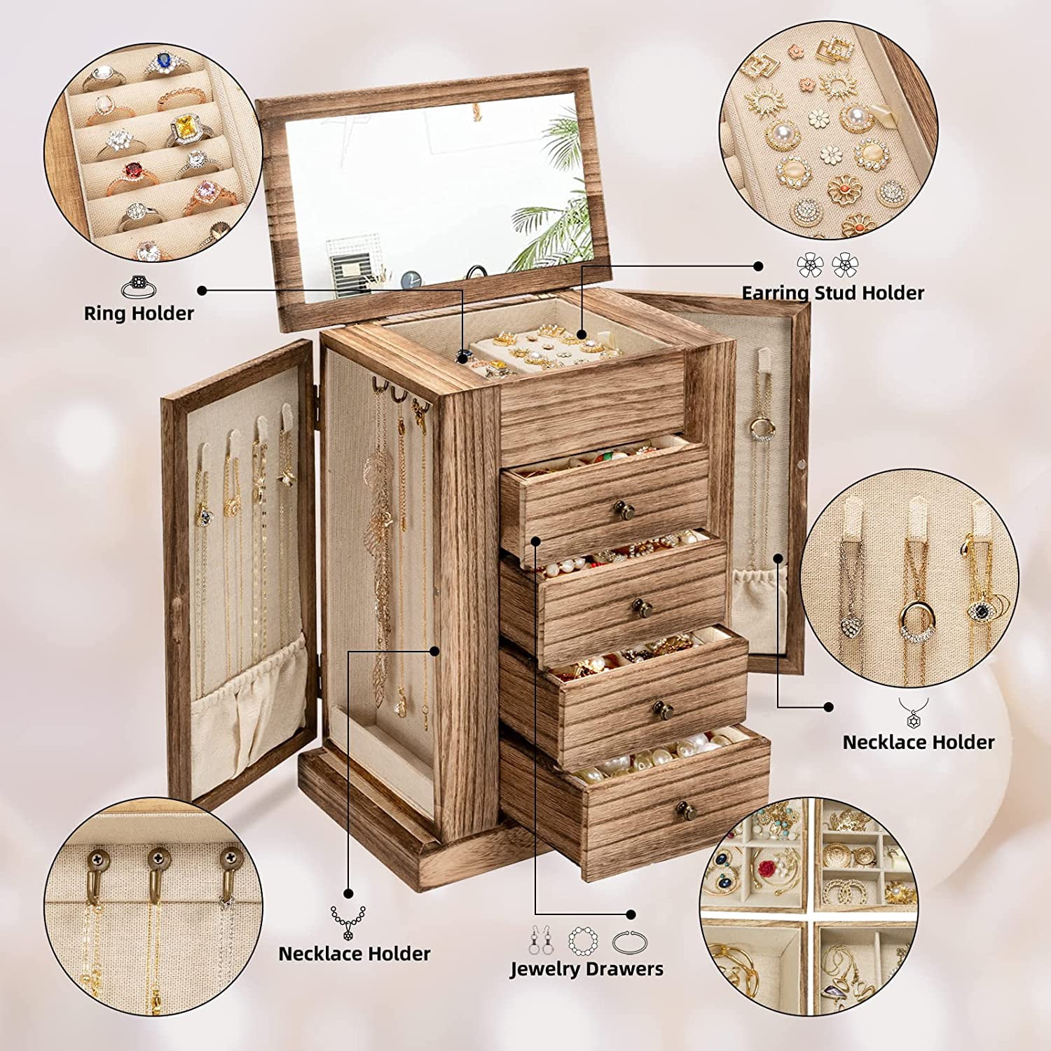 Emfogo Jewelry Box for Women, 5 Layer Large Wood Jewelry Boxes & Organizers for Necklaces Earrings Rings Bracelets, Rustic Jewelry Organizer Box with Drawers and Mirror