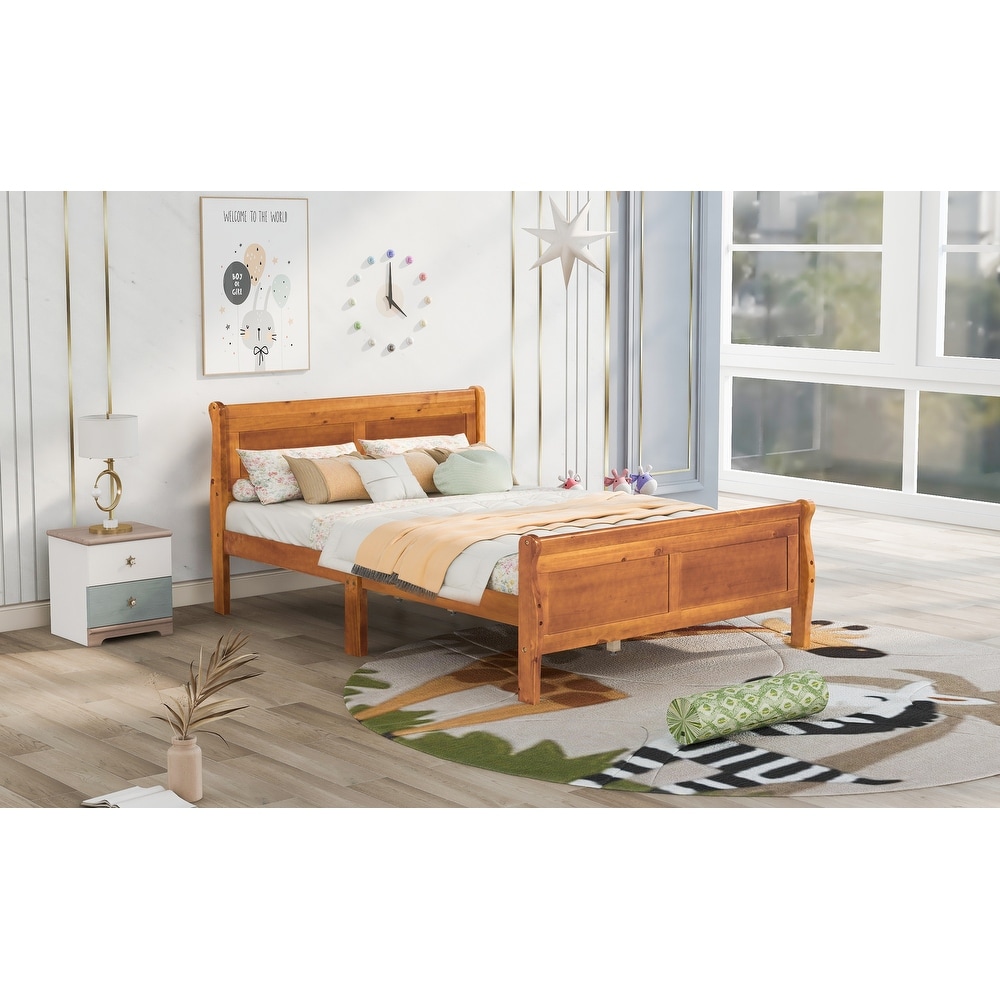 Full Wood Platform Sleigh Bed Frame with Headboard for Guest Living Room