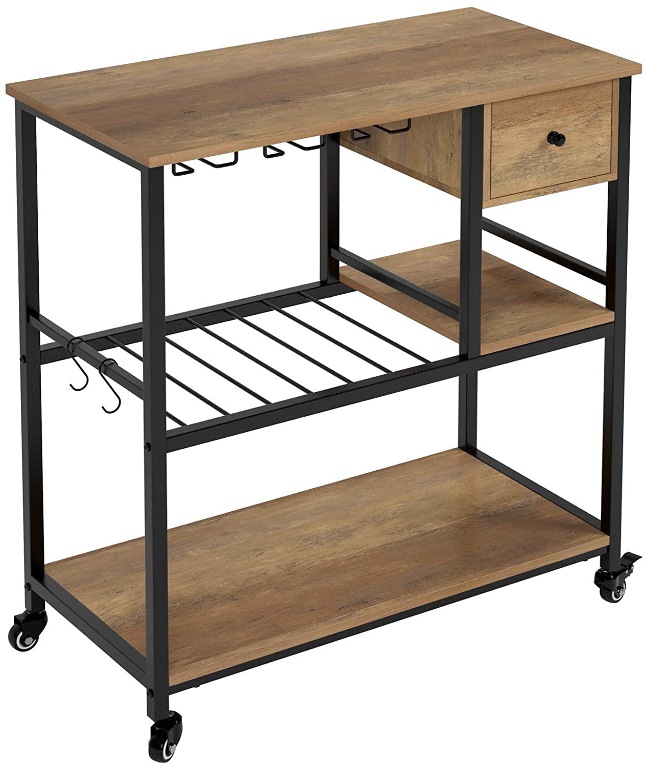 Homfa Bar Cart， Kitchen Serving Cart， Wood Baker's Rack with Drawer， Wine Cart with 3-Tier Storage Shelf， Rustic Brown Finish