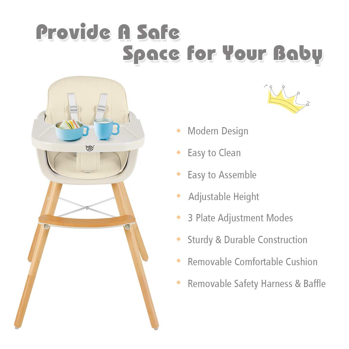 BABY JOY Convertible Baby High Chair, 3 in 1 Wooden Highchair/Booster/Chair with Removable Tray (Beige)