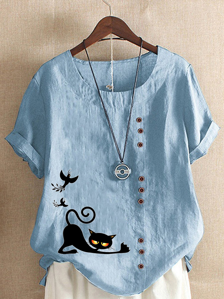 Round Neck Casual Loose Cat Print Short Sleeve Blouse