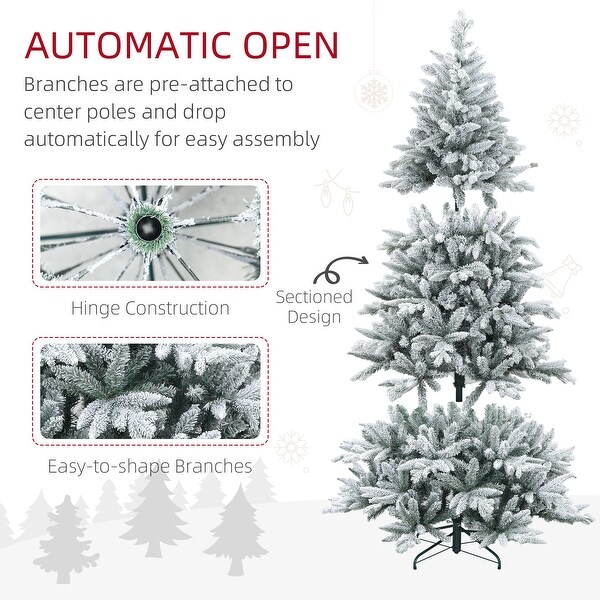 HOMCOM 6ft Snow Flocked Artificial Christmas Tree with 994 Tips，Foldable Metal Stand，Easy Assembly，Hinged Xmas Tree for Home