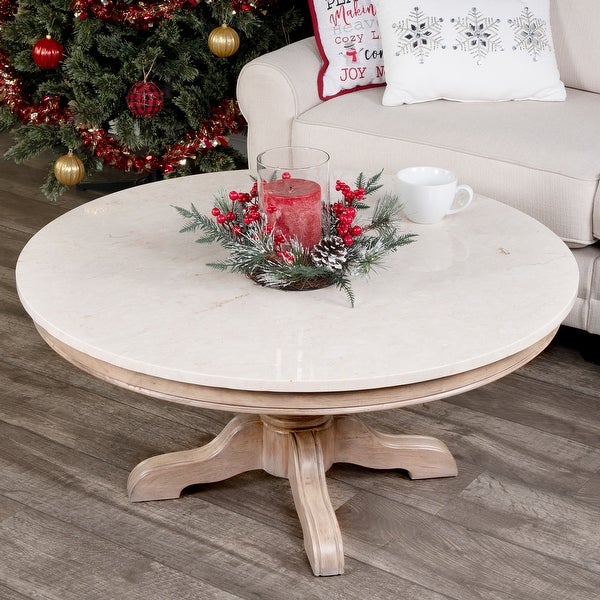 Offex Danielle Round Marble Coffee Table w/ Pedestal Base - LightBrown - 38