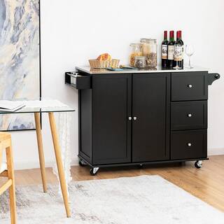 Costway Black Kitchen Island 2-Door Storage Cabinet Stainless Steel Top wDrawers HW64505BK