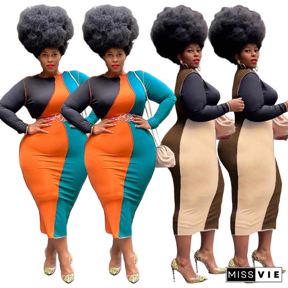 Plus Size Color Block O-Neck Bodycon Pencil Dress