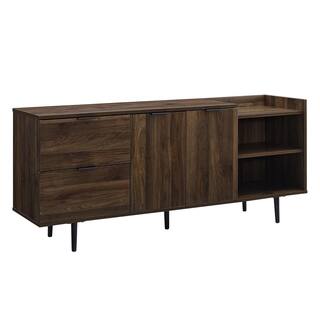 Welwick Designs 58 in. Dark Walnut Wood TV Stand with 2 Drawer Fits TVs Up to 64 in. with Storage Doors HD8107