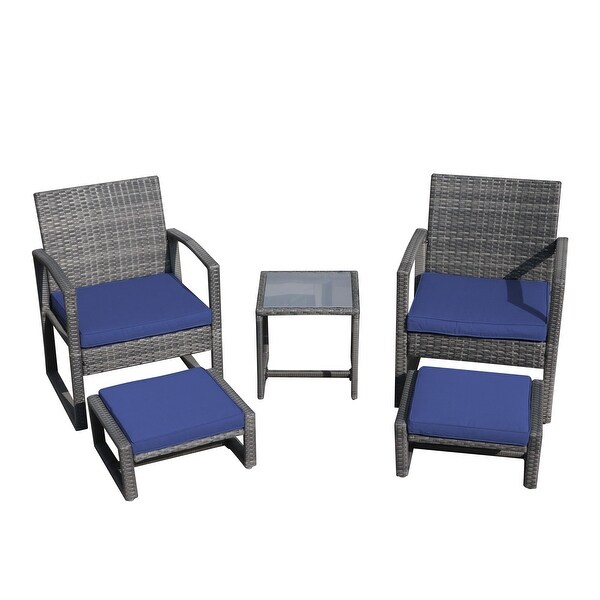 5Piece Patio Wicker Chat Set with Armchairs，Ottomans and Side Table