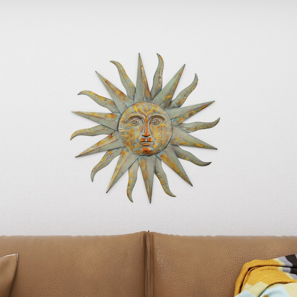 Gold Metal Indoor Outdoor Distressed Sunburst Wall Decor with Copper Like Accents and Grooves   35 x 1 x 35Round