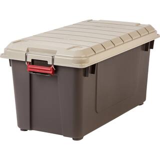 IRIS 82 qt. Stackable Storage Tote with Heavy-duty Red Buckles and Beige Lid in Brown 585128