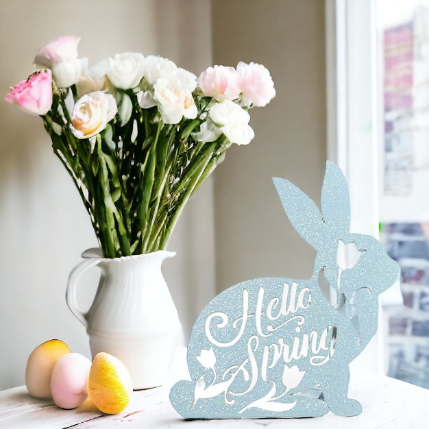 Easter Hello Spring Bunny Sign One Wreath 12 Inches Glittered Hello Rl1710 Mdf medium density Fiberboard Blue