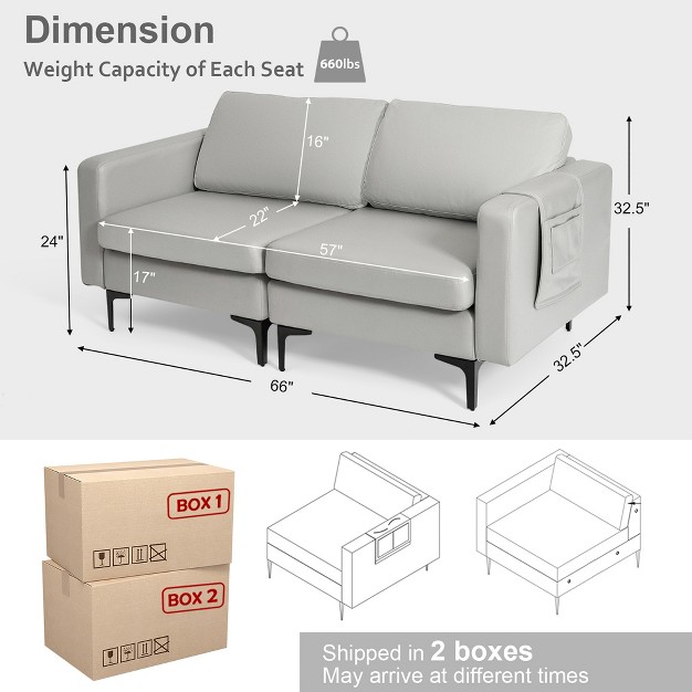 Costway Modern Loveseat Leathaire Fabric 2 seat Sofa Couch W Side Storage Pocket