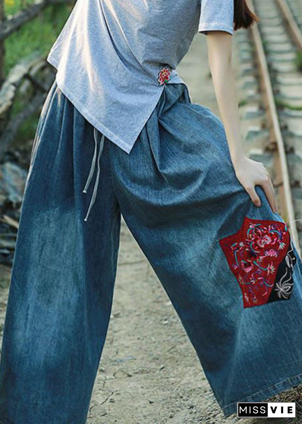 Bohemian Blue Embroideried Floral Pockets Elastic Waist Tie Waist Wide Leg Pants Summer