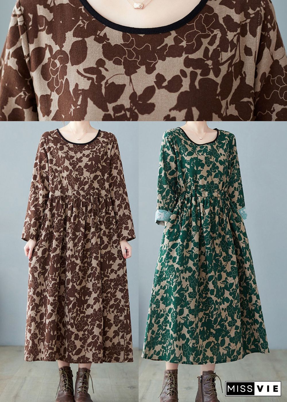 Vintage Green O-Neck Print Linen Dress Spring