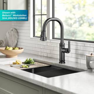 KRAUS Allyn Industrial Pull-Down Single Handle Kitchen Faucet in Spot-Free Black Stainless Steel KPF-4102SFSB