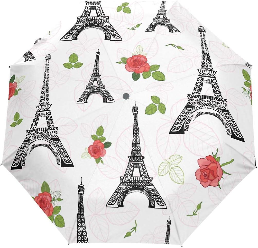 Travel Umbrella Automatic Windproof Foldable Umbrella Black Red Eifel Tower Paris And Roses Flowers