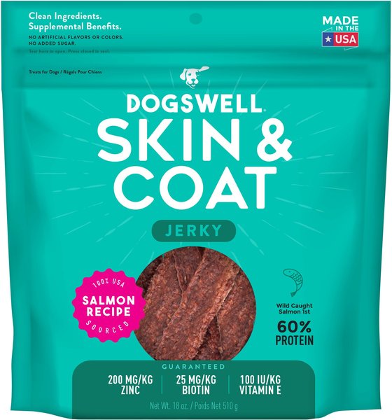 Dogswell Skin and Coat Salmon Recipe Jerky Dog Treats， 18-oz bag