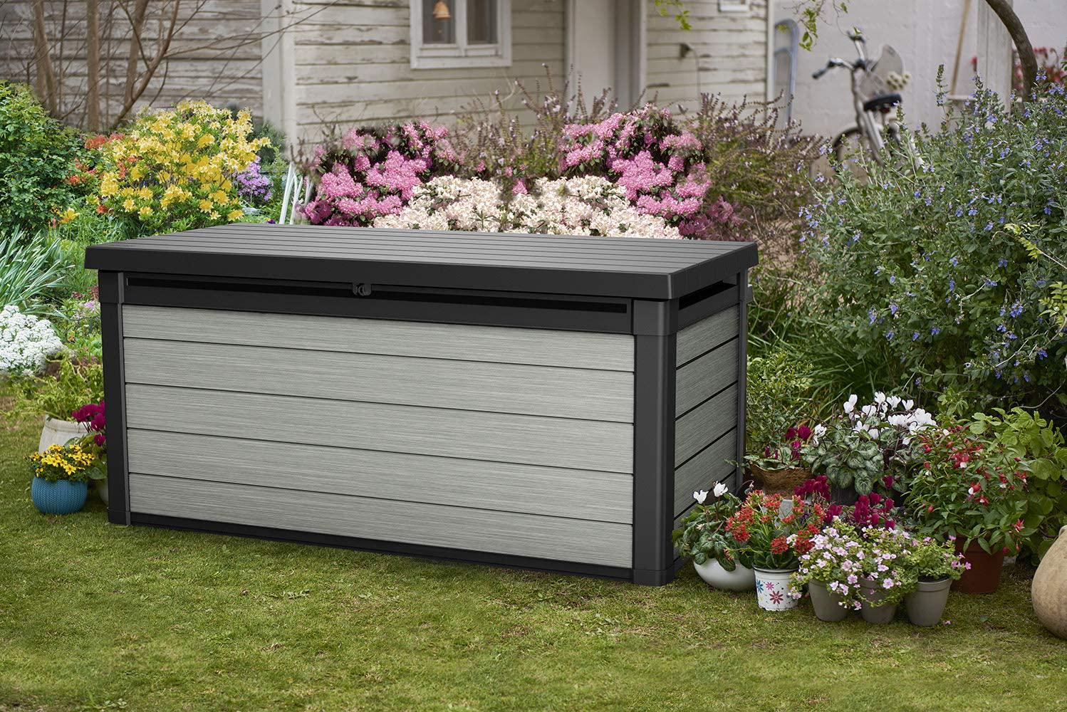 Keter Denali 150 Gallon Resin Large Deck Box - Organization and Storage for Patio Furniture, Outdoor Cushions, Garden Tools and Pool Toys, Grey and Black