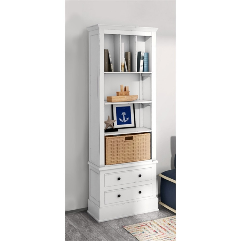 Sunset Trading Cottage Bookcase with Basket White Solid Wood Fully Assembled   Farmhouse   Bookcases   by Homesquare  Houzz