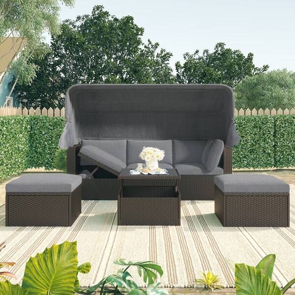 Roomfitters Outdoor Patio Rectangle Daybed with Retractable Canopy，Wicker Sectional Seating with Washable Cushions