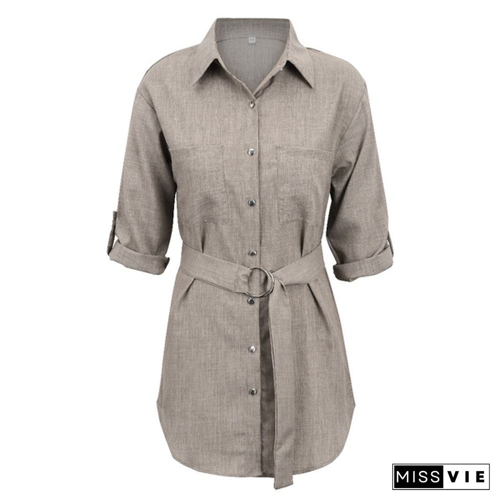 Women Long Sleeve V Neck Pocket Shirt Dress Tunic Top Casual Solid Charade Blouse with Self Belt