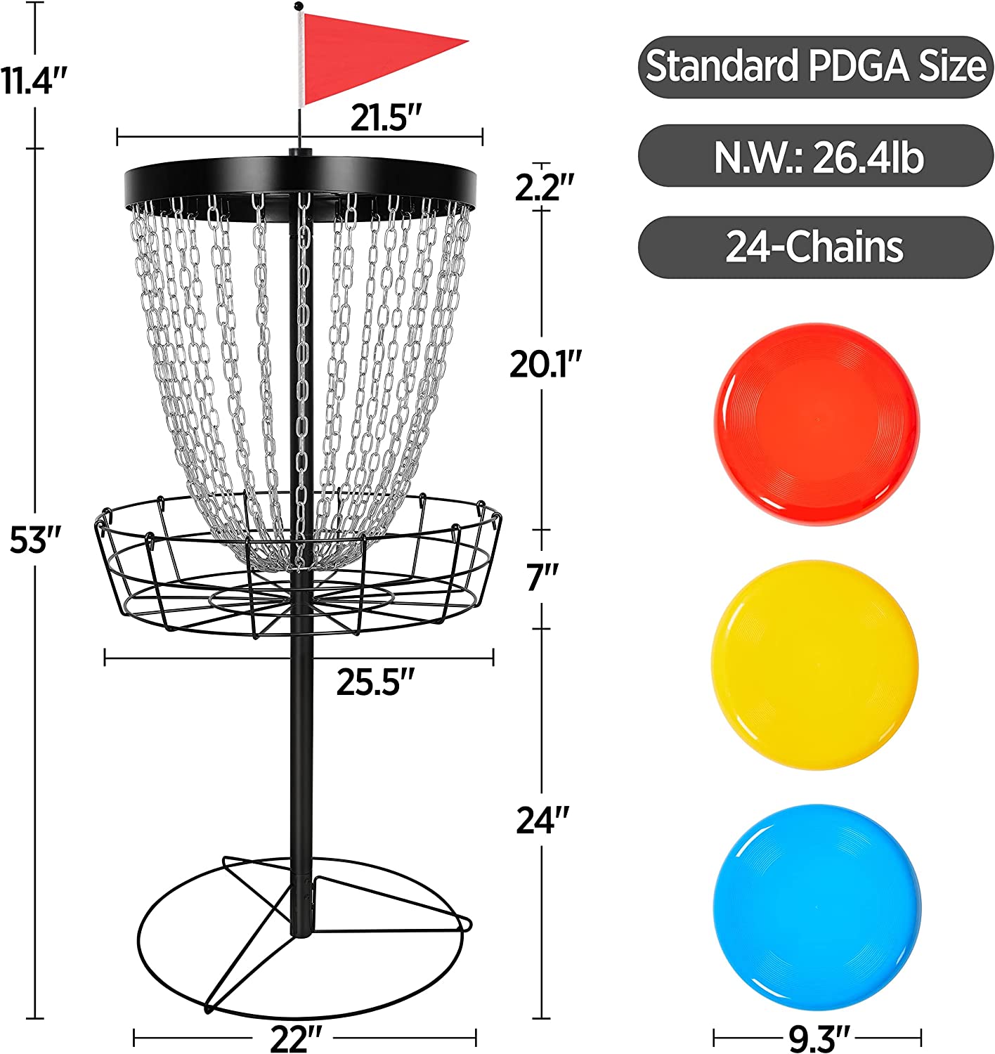 24-Chain Disc Golf Basket with 3 Discs and Weather Resistant Carrying Bag, Portable Disc Golf Practice Basket Target Heavy Duty Metal Frisbee Golf Basket Set for Indoor and Outdoor