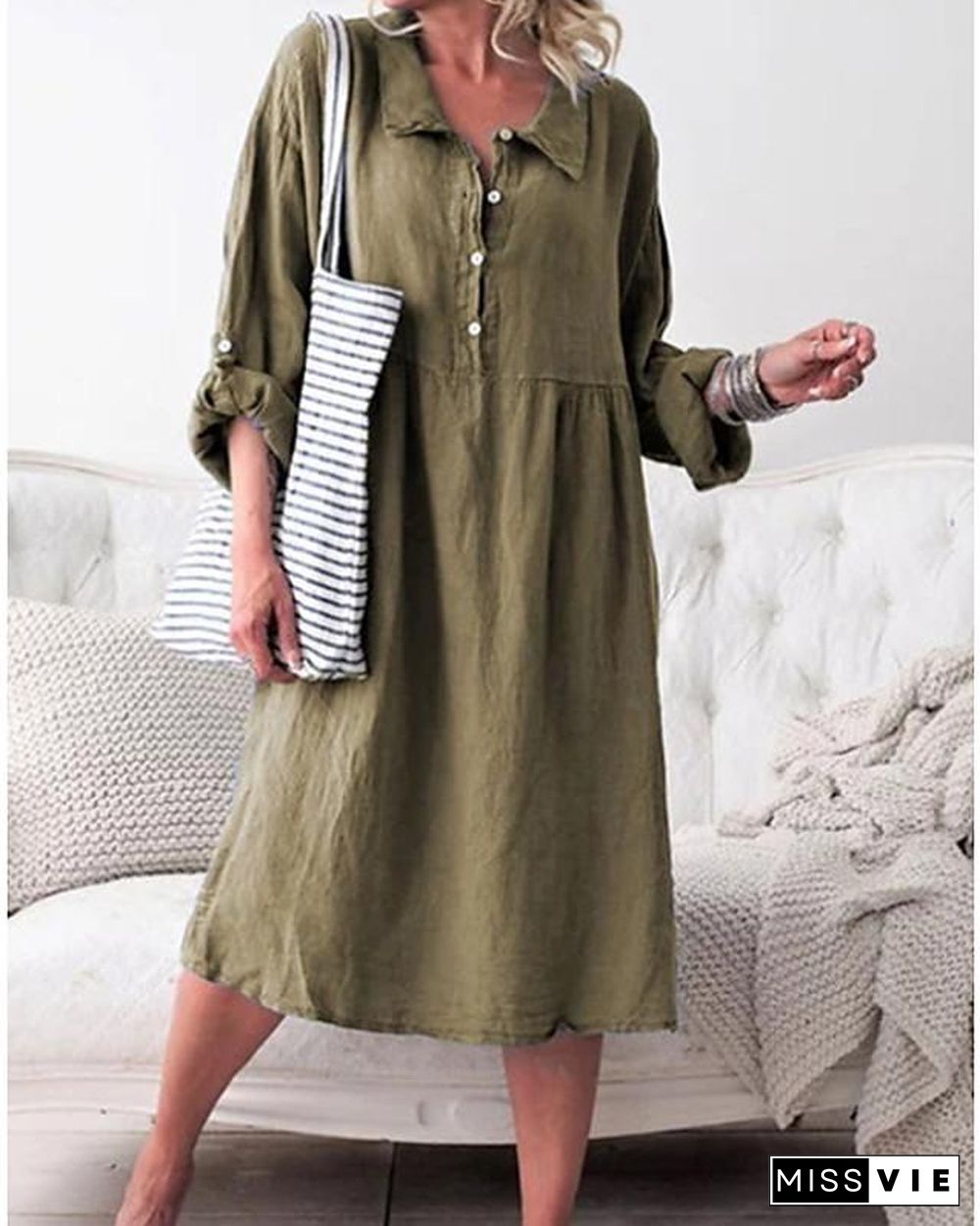 Women's Shirt Dress Midi Dress - Long Sleeve Solid Color Shirt Collar Hot Denim Blue Purple Army Green Orange Khaki S M L XL XXL Linen