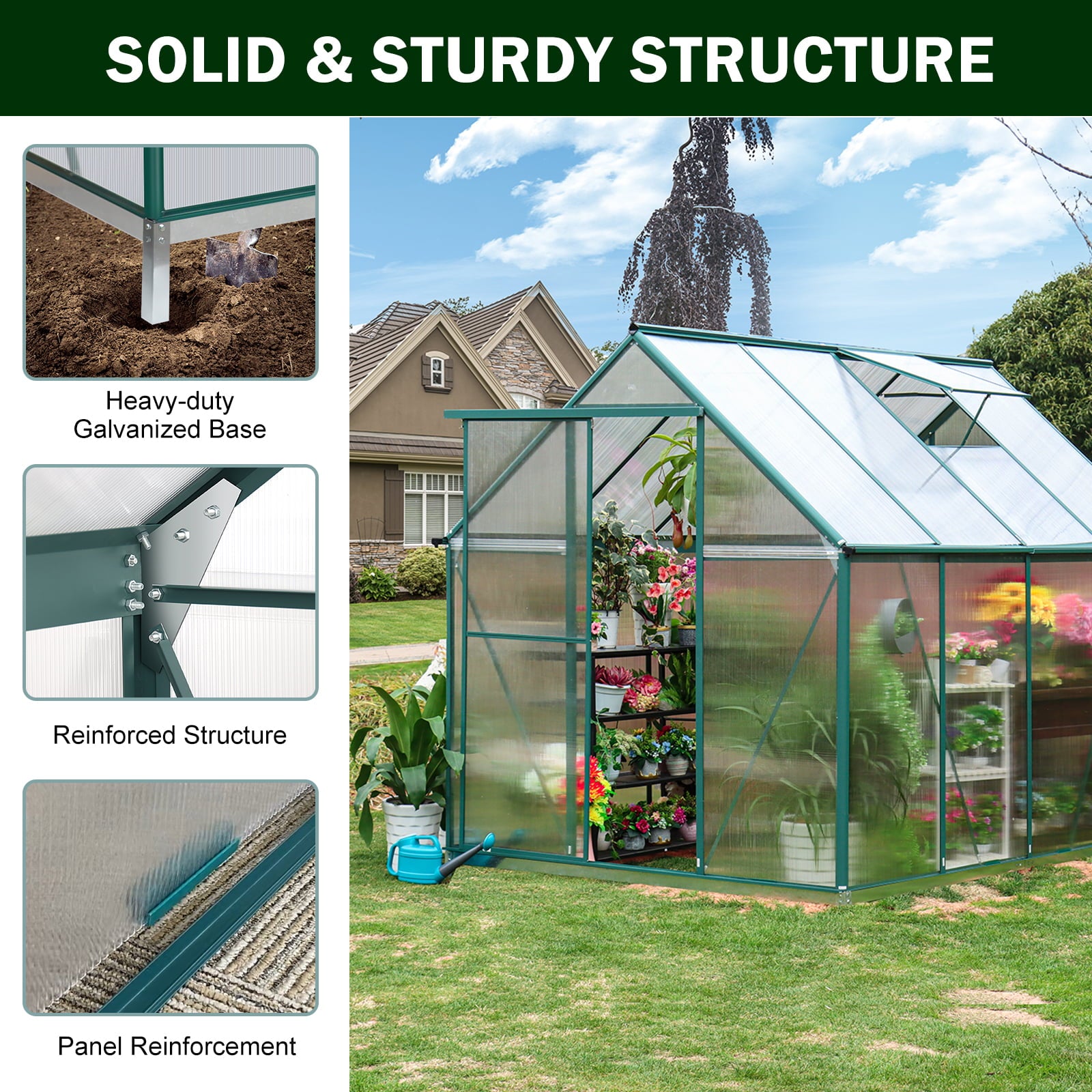 JULY'S SONG Greenhouse,6'x 8' Heavy Duty Polycarbonate Walk-in Plant Garden Greenhouse with Window for Winter,Windproof Gardening Green House Kit for Backyard/Outdoor Use